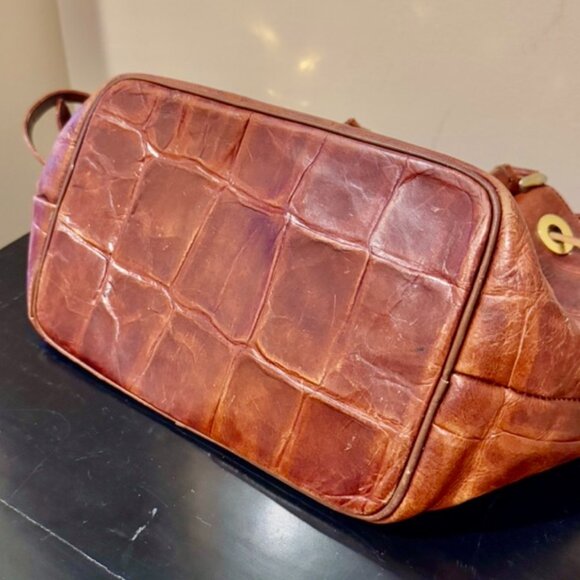 Bally Vintage Embossed Crocodile Chestnut Tan Leather Drawstring Bucket Handbag - Picture 10 of 16